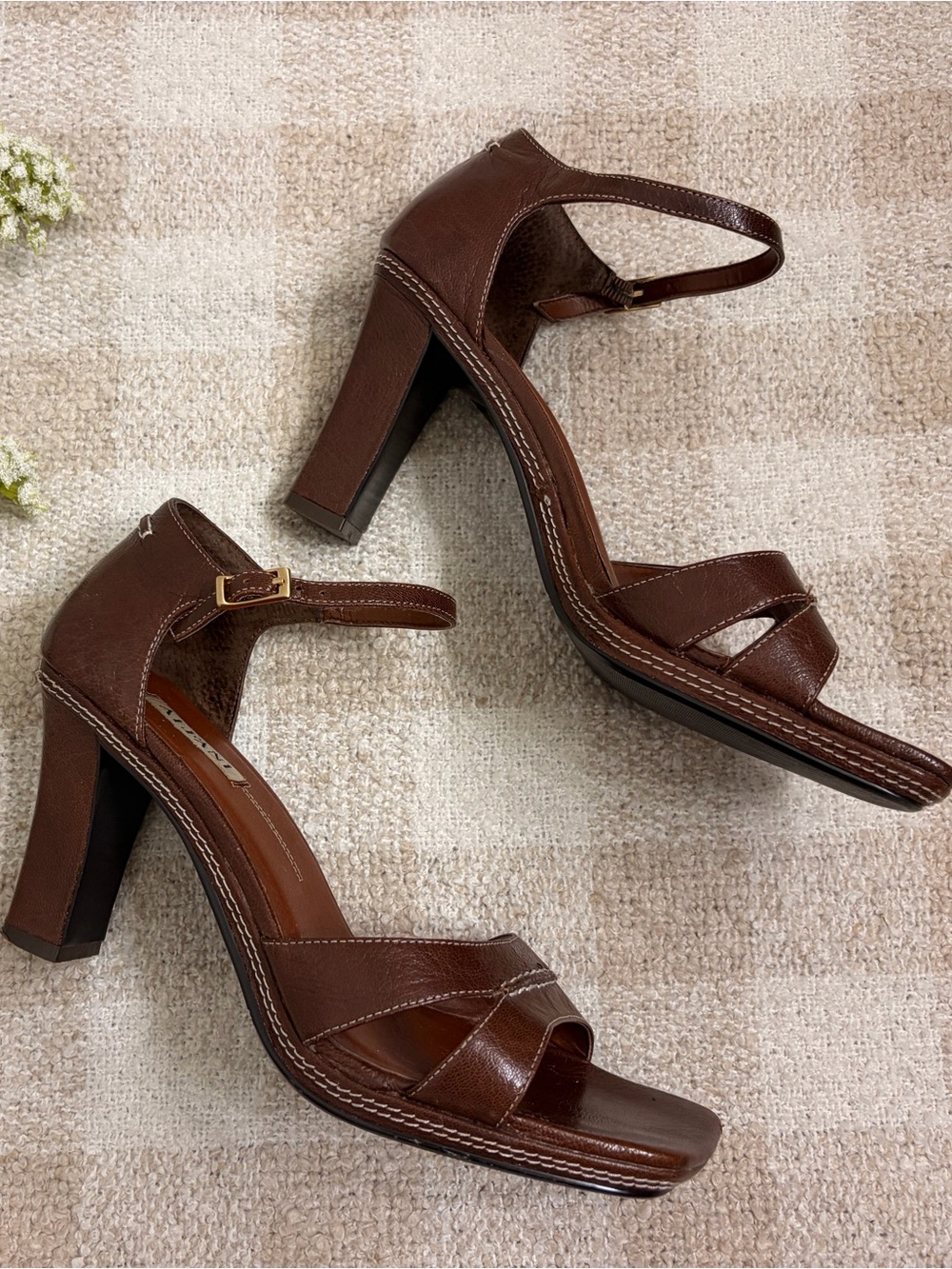 Brown Leather Ankle-Strap Block Heel Sandals